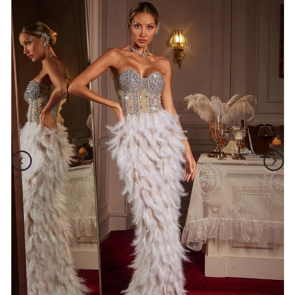 Strapless Feather Maxi Gown with Crystal Bodice